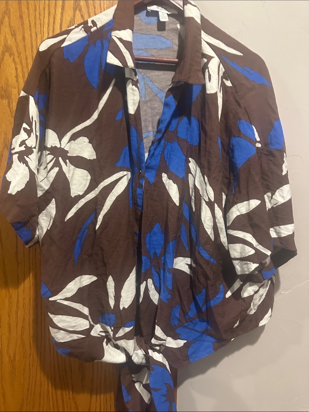 Casual Brown Floral Button-Down Shirt with Blue & White Print